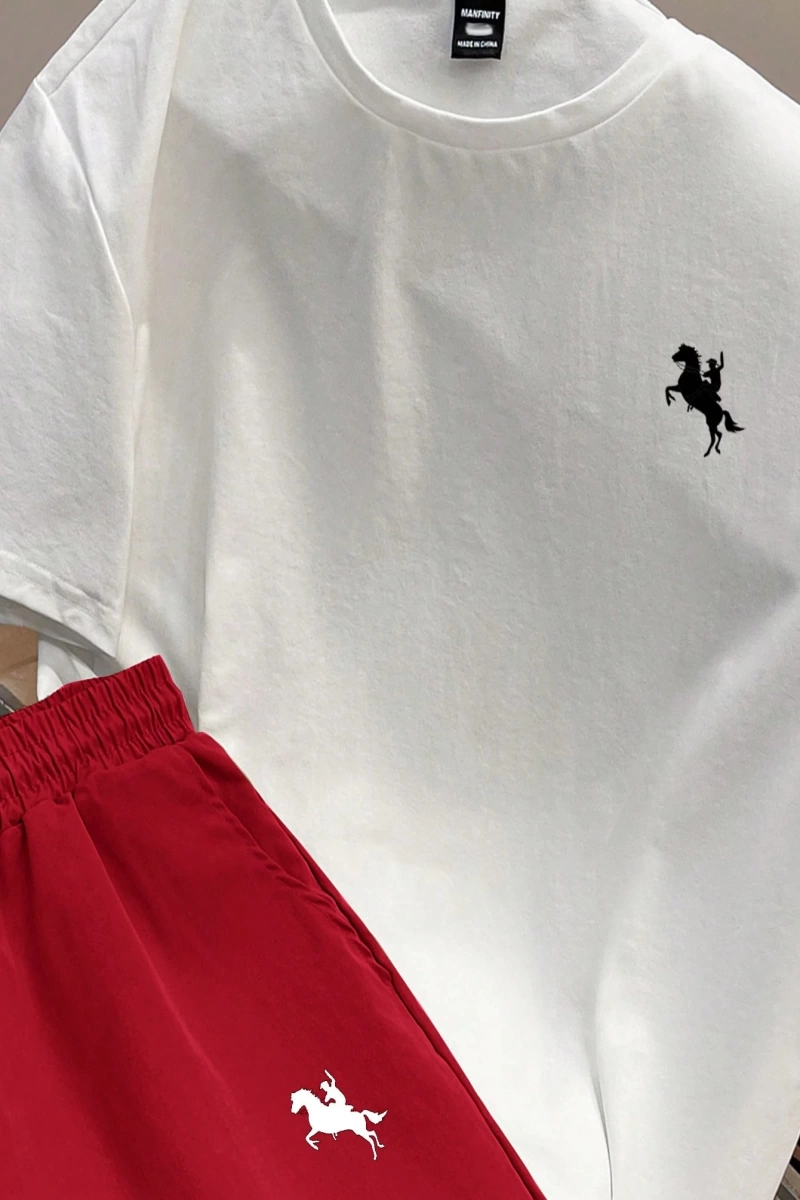 Moda Rahat At Sırtı Silüeti Baskılı Dar Omuz İnce Kesim Yuvarlak Yaka Beyaz K