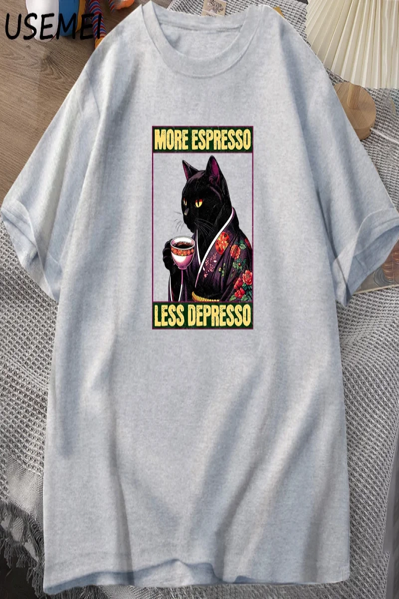 More Espresso Less Depresso Cat Drinking Coffee Funny T Shirt for Men Women Japanese Style Ca 2910