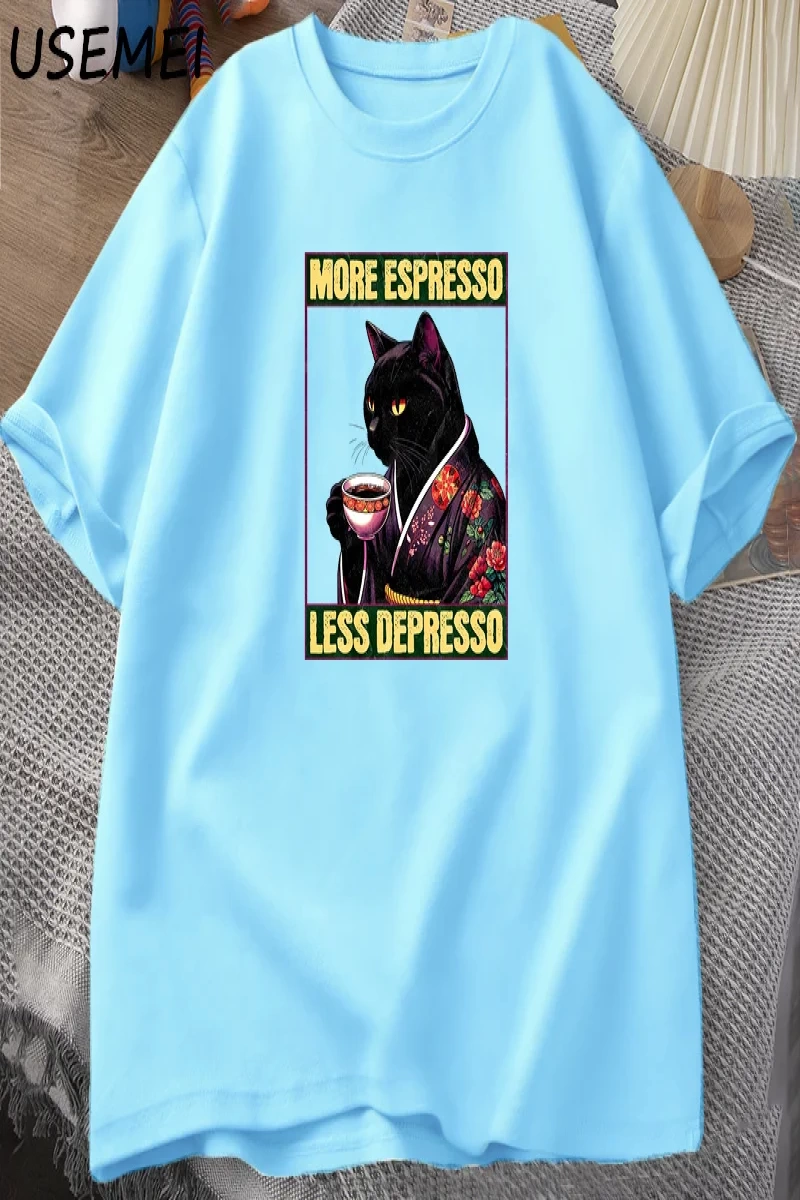 More Espresso Less Depresso Cat Drinking Coffee Funny T Shirt for Men Women Japanese Style Ca 2910