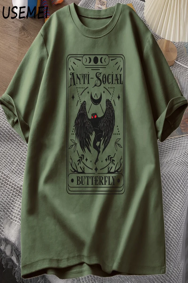 Mothman Tarot kartı kelebek T-shirt adam Vintage pamuk kısa kollu T Shirt Streetwear rahat yu 2890