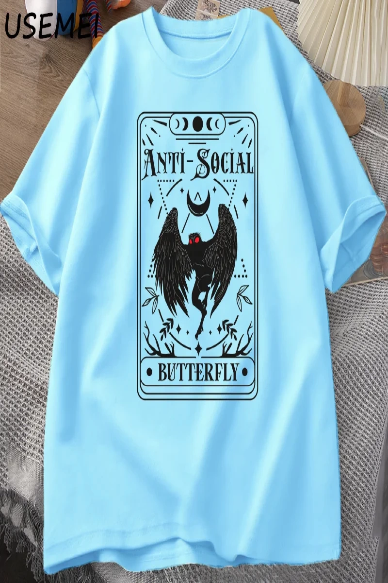 Mothman Tarot kartı kelebek T-shirt adam Vintage pamuk kısa kollu T Shirt Streetwear rahat yu 2890