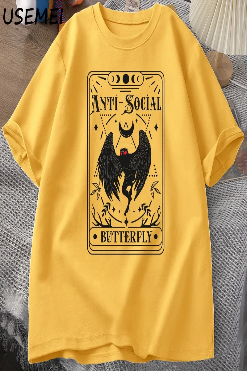 Mothman Tarot kartı kelebek T-shirt adam Vintage pamuk kısa kollu T Shirt Streetwear rahat yu 2890