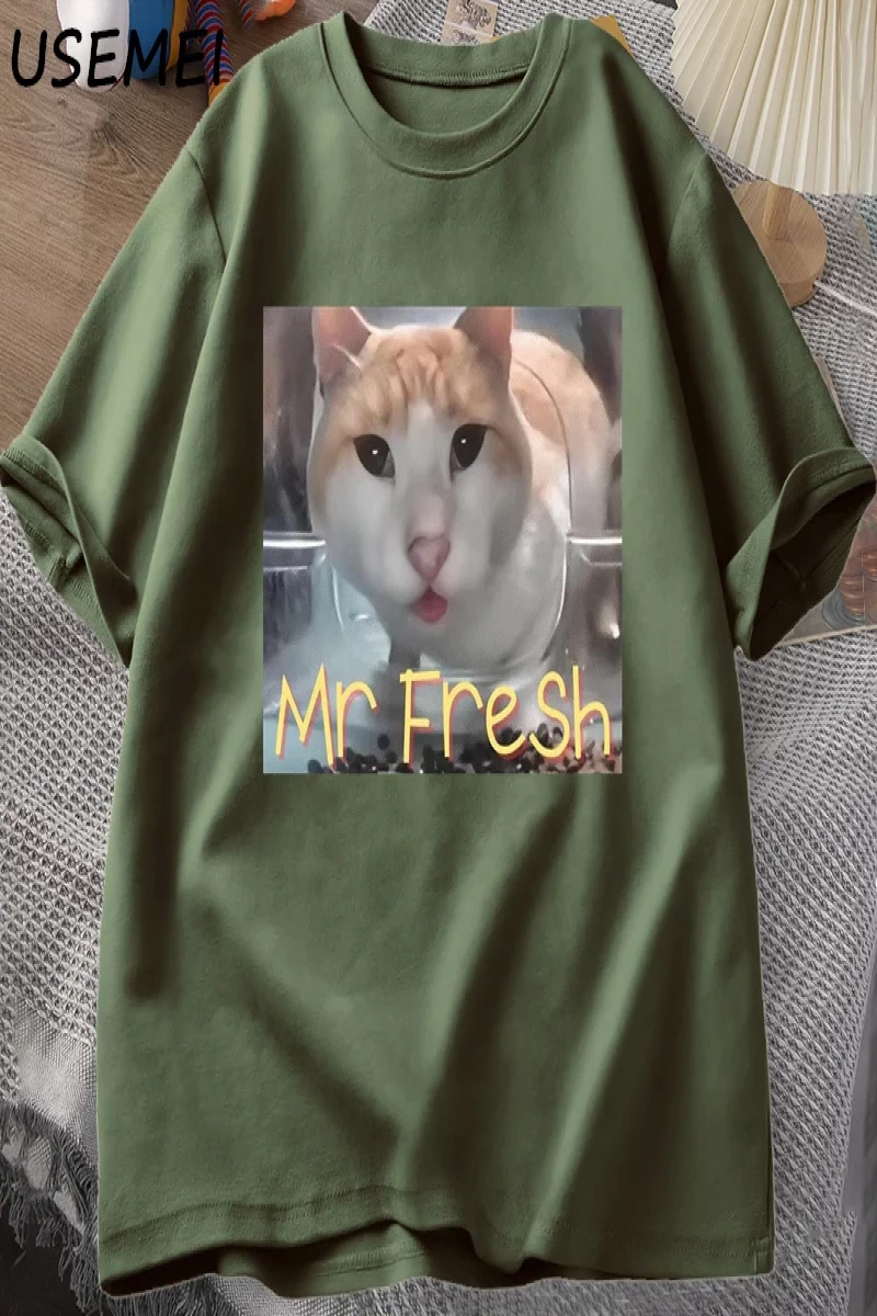 Mr Fresh Meme T Shirt Turuncu Kedi Yeme T-shirt Yan Göz Komik Meme Kedi Kameraya Bakan Gıda T 3042