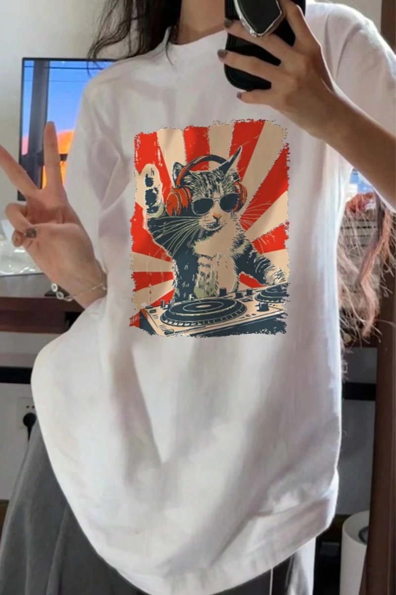 Müzik Festivali Kadın Yaz DJ Kedi Sever Grafik Baskı Rahat Basit Müzik Festivali Kişiselleşti