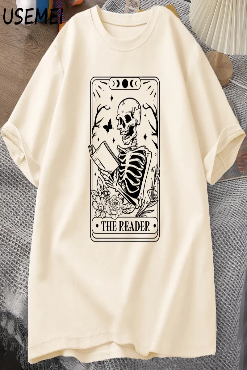 Okuyucu Tarot Kartı T-Shirt İskelet Okuma T Shirt Yaz Pamuk Kitap Sevgilisi Bookish Tshirt Er 2862