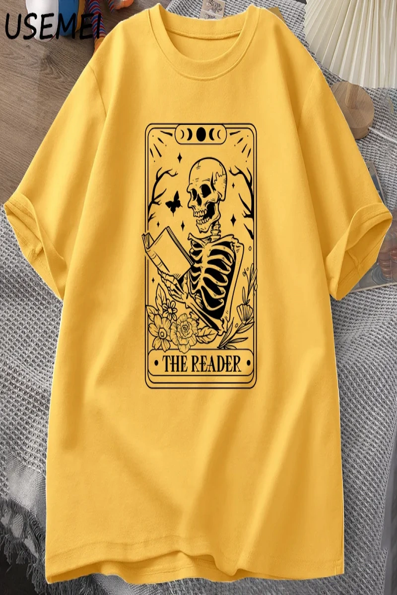 Okuyucu Tarot Kartı T-Shirt İskelet Okuma T Shirt Yaz Pamuk Kitap Sevgilisi Bookish Tshirt Er 2862