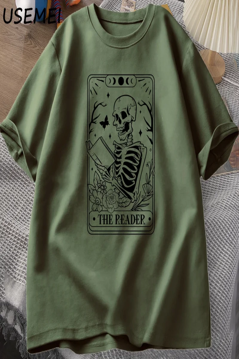 Okuyucu Tarot Kartı T-Shirt İskelet Okuma T Shirt Yaz Pamuk Kitap Sevgilisi Bookish Tshirt Er 2862