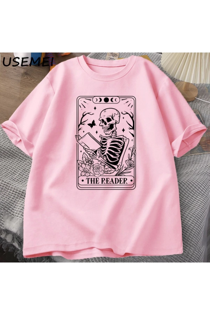 Okuyucu Tarot kartı T-Shirt iskelet okuma T Shirt yaz pamuk kitap sevgilisi Bookish Tshirt er