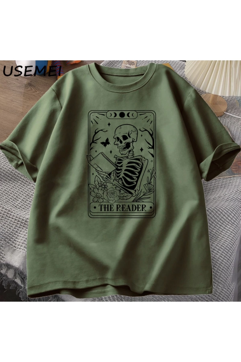 Okuyucu Tarot kartı T-Shirt iskelet okuma T Shirt yaz pamuk kitap sevgilisi Bookish Tshirt er