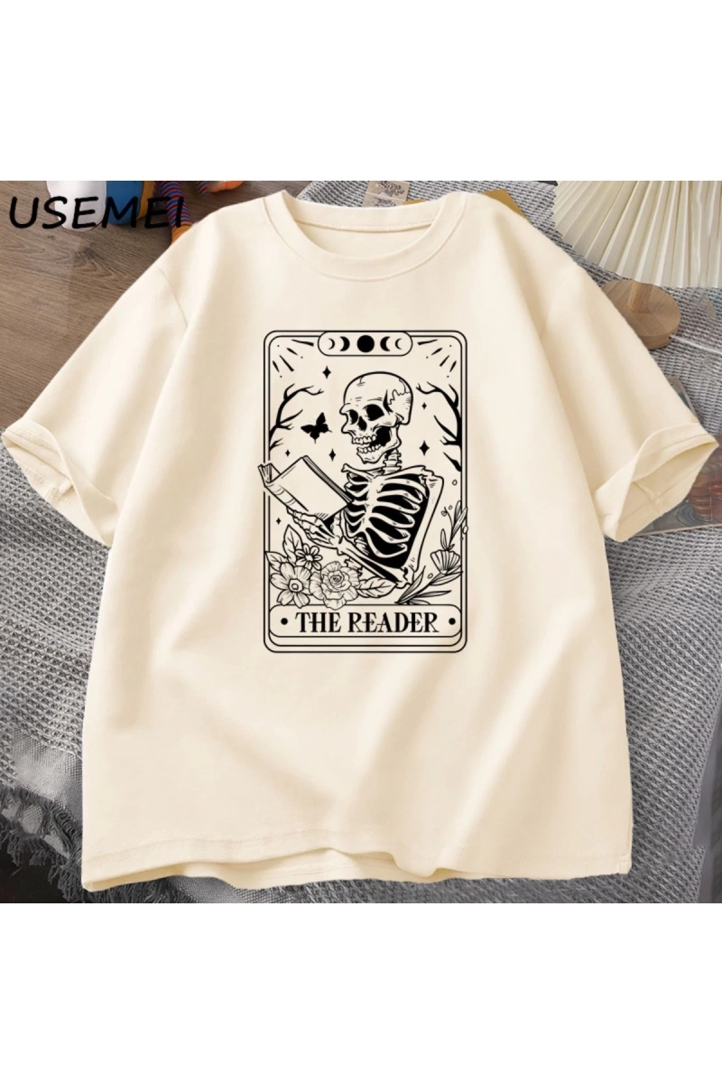 Okuyucu Tarot kartı T-Shirt iskelet okuma T Shirt yaz pamuk kitap sevgilisi Bookish Tshirt er