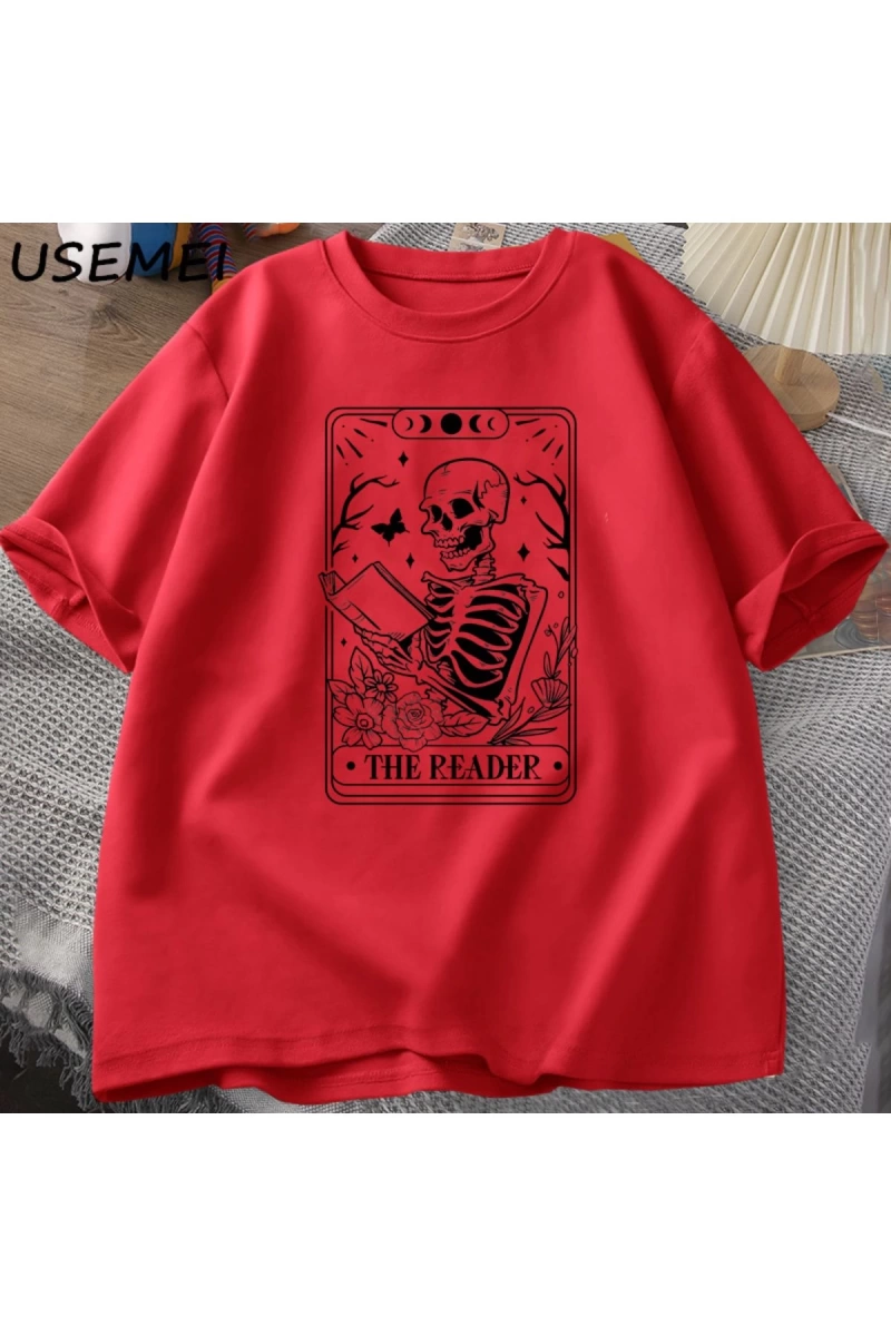 Okuyucu Tarot kartı T-Shirt iskelet okuma T Shirt yaz pamuk kitap sevgilisi Bookish Tshirt er