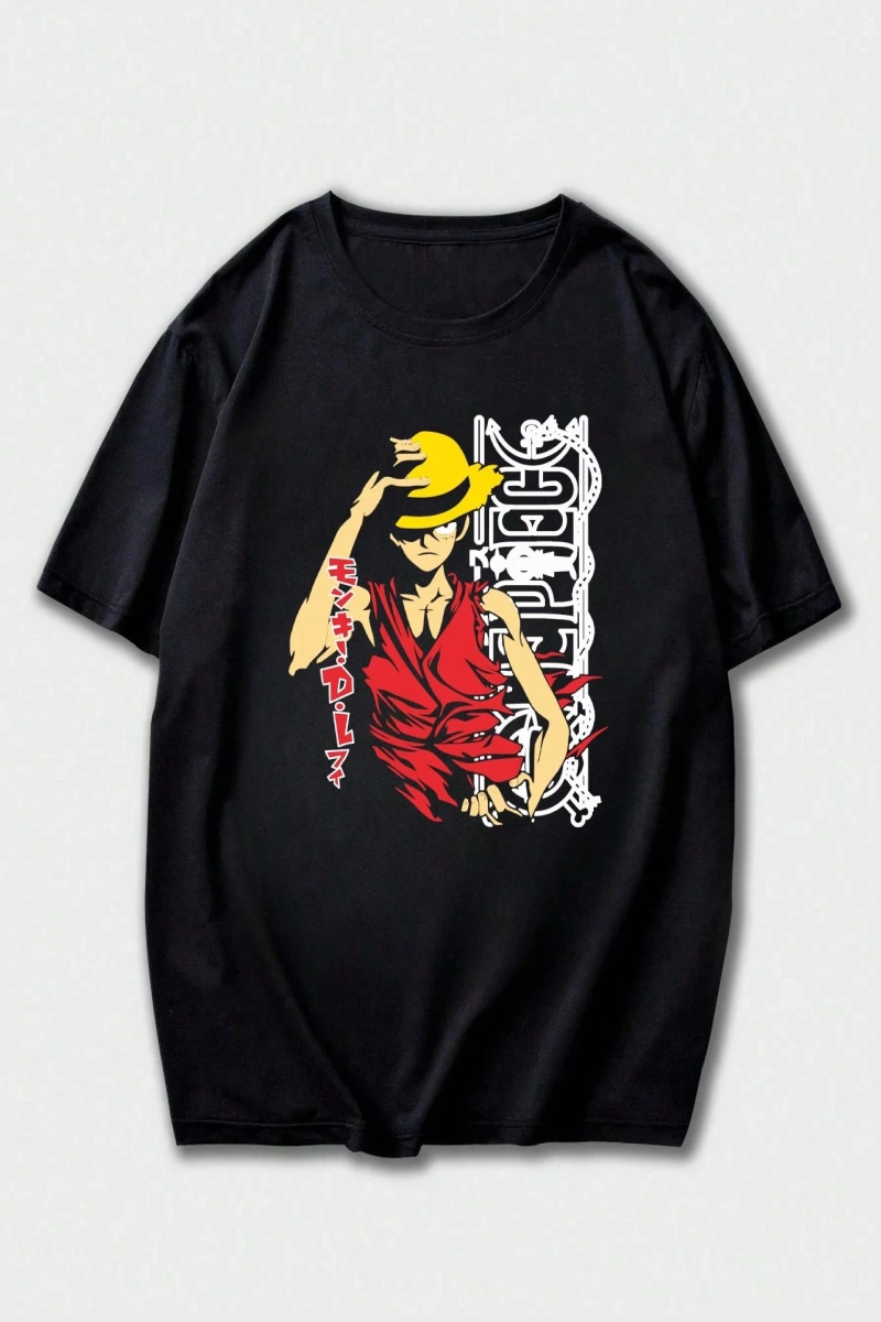 ONE PIECE Karikatür Baskılı Kısa Kollu Tişört, Rahat Yaz Erkek