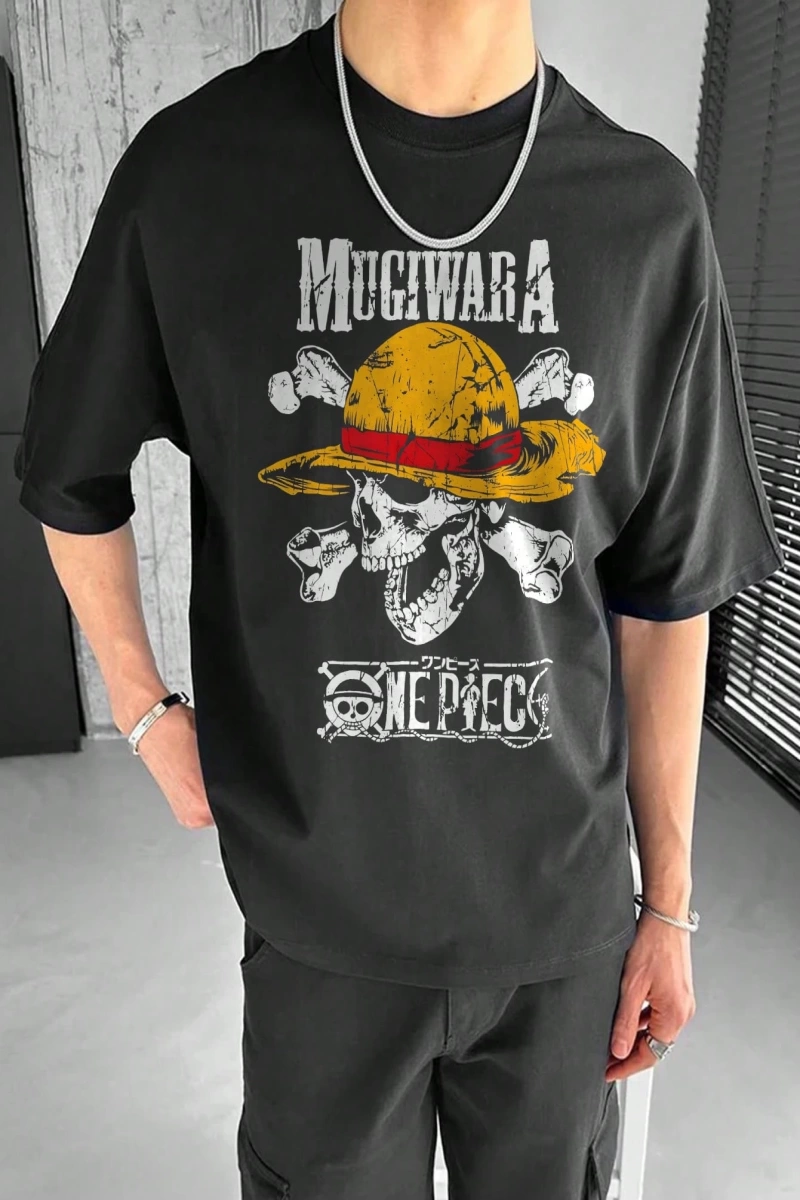 ONE PIECE ONE PIECE Collab Hasır Şapka Korsanlar Karikatür Baskılı Kısa Kollu Tişört, Erkekle