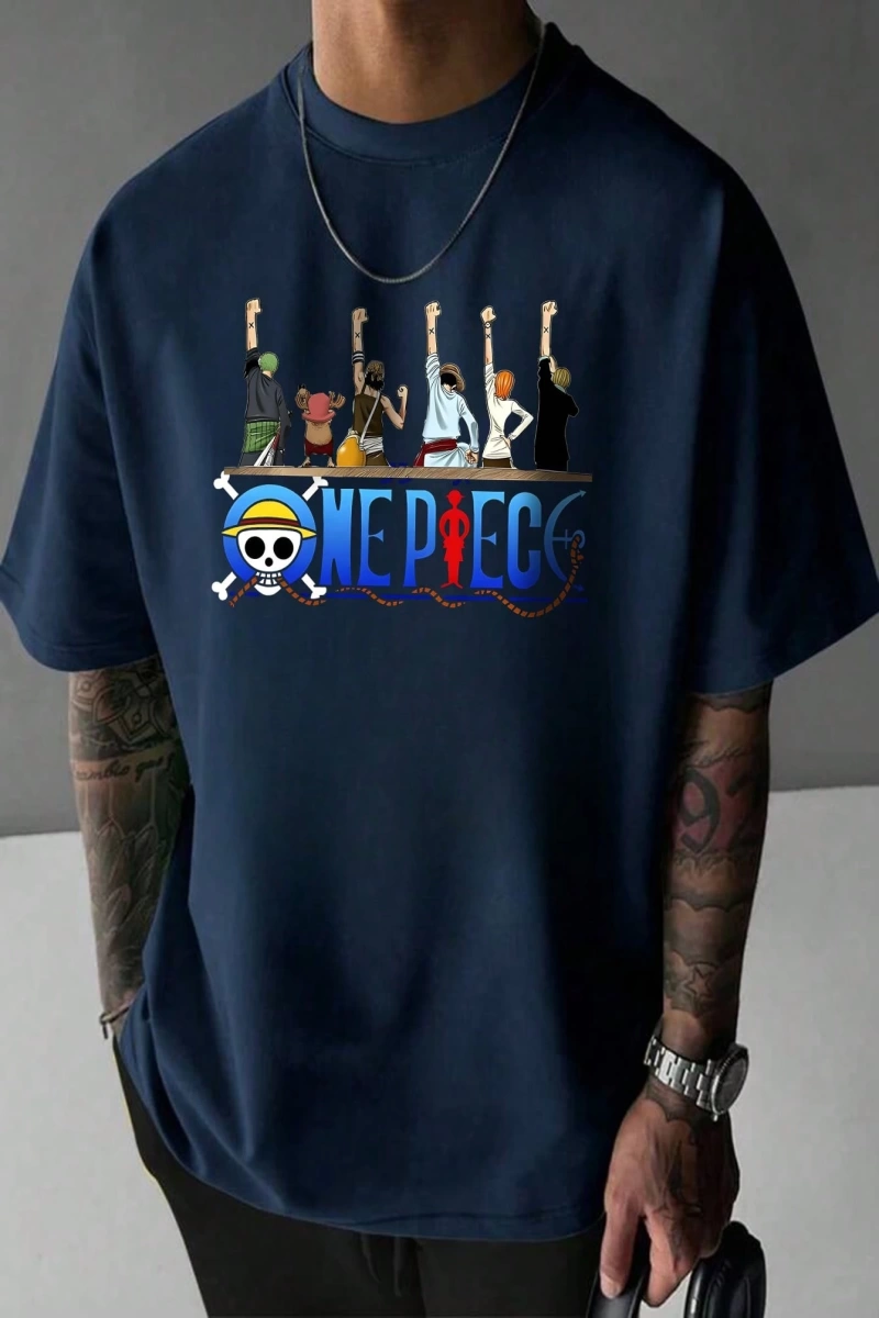 ONE PIECE One Piece İşbirliği Hasır Şapka Korsanlar Karikatür Baskılı Kısa Kollu Tişört Erkek