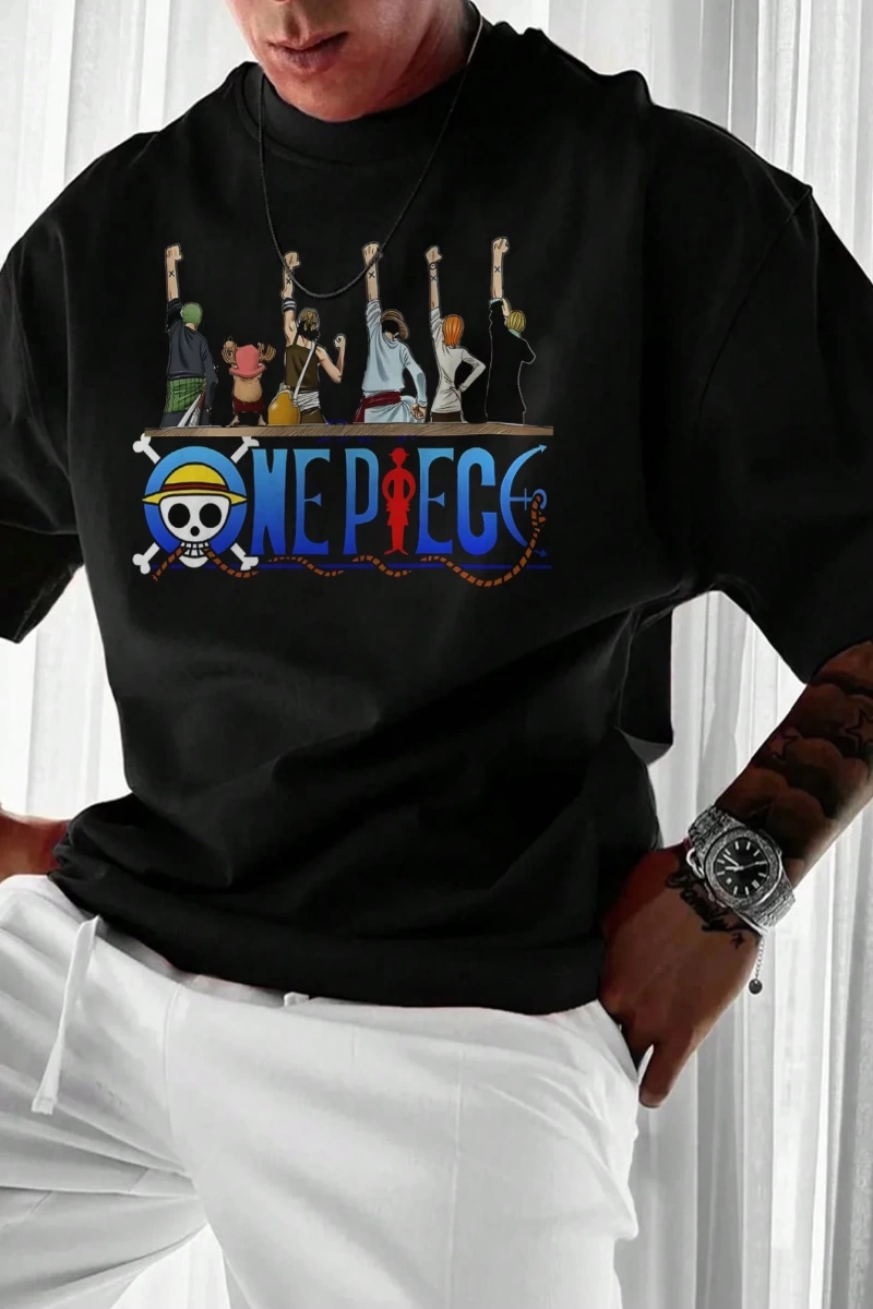 ONE PIECE One Piece İşbirliği Hasır Şapka Korsanlar Karikatür Baskılı Kısa Kollu Tişört Erkek
