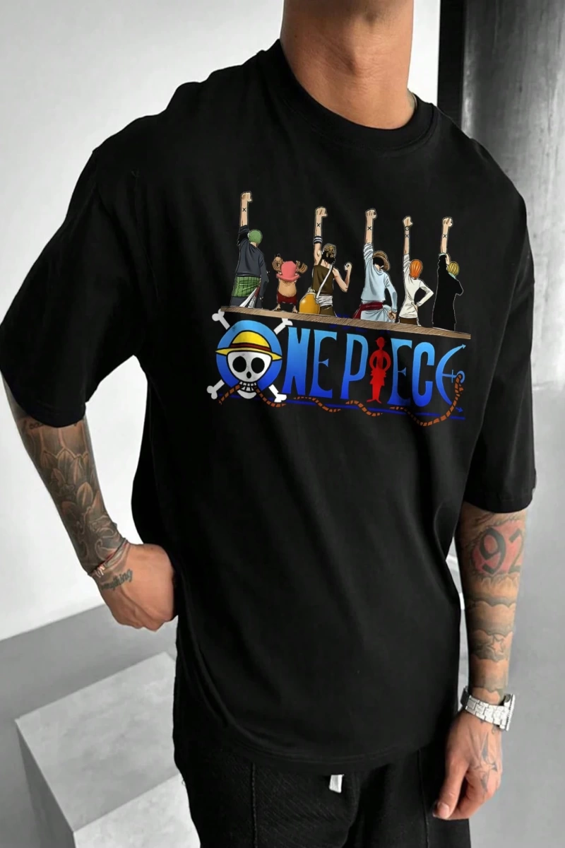 ONE PIECE One Piece İşbirliği Hasır Şapka Korsanlar Karikatür Baskılı Kısa Kollu Tişört Erkek