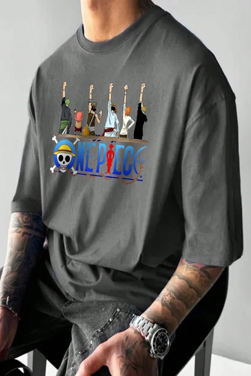 ONE PIECE One Piece İşbirliği Hasır Şapka Korsanlar Karikatür Baskılı Kısa Kollu Tişört Erkek
