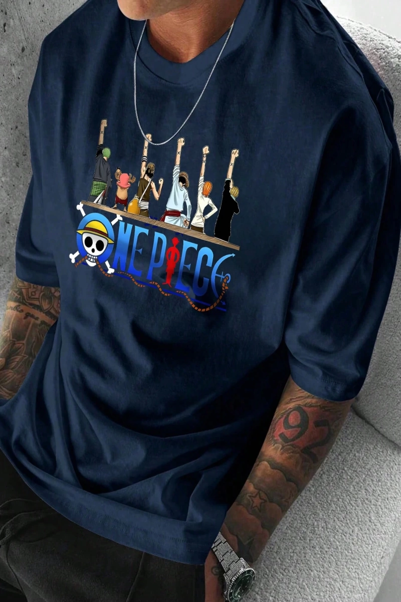 ONE PIECE One Piece İşbirliği Hasır Şapka Korsanlar Karikatür Baskılı Kısa Kollu Tişört Erkek