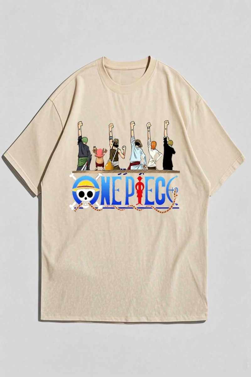 ONE PIECE One Piece İşbirliği Hasır Şapka Korsanlar Karikatür Baskılı Kısa Kollu Tişört Erkek
