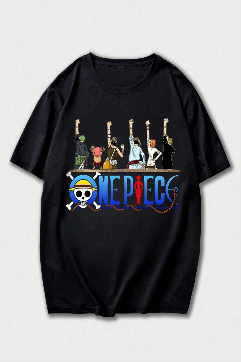 ONE PIECE One Piece İşbirliği Hasır Şapka Korsanlar Karikatür Baskılı Kısa Kollu Tişört Erkek