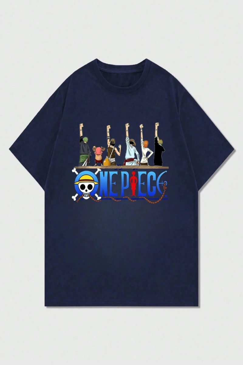 ONE PIECE One Piece İşbirliği Hasır Şapka Korsanlar Karikatür Baskılı Kısa Kollu Tişört Erkek