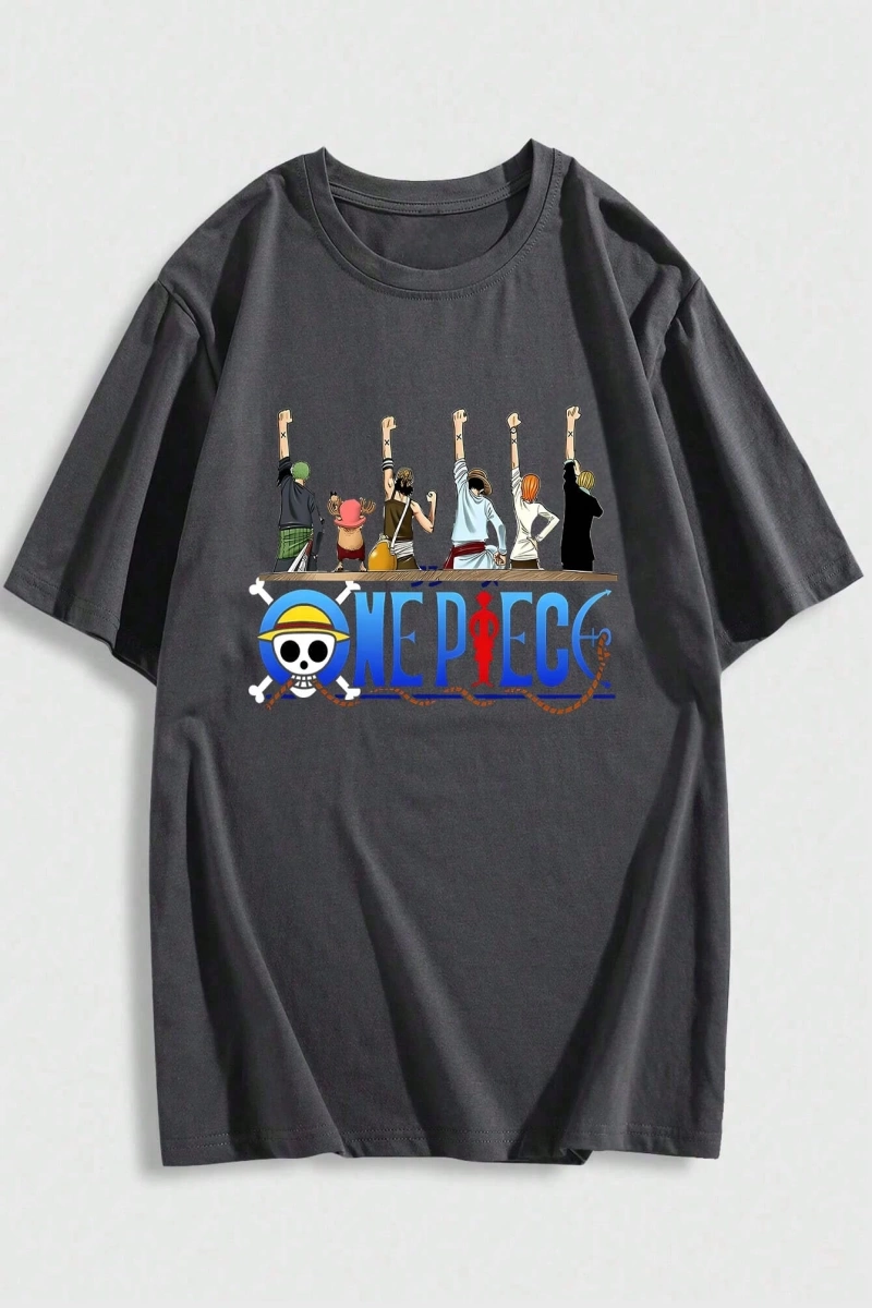 ONE PIECE One Piece İşbirliği Hasır Şapka Korsanlar Karikatür Baskılı Kısa Kollu Tişört Erkek