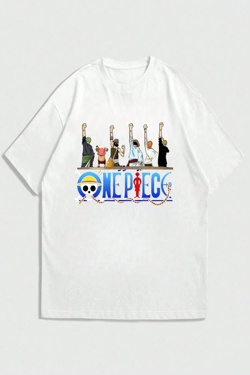 ONE PIECE One Piece İşbirliği Hasır Şapka Korsanlar Karikatür Baskılı Kısa Kollu Tişört Erkek