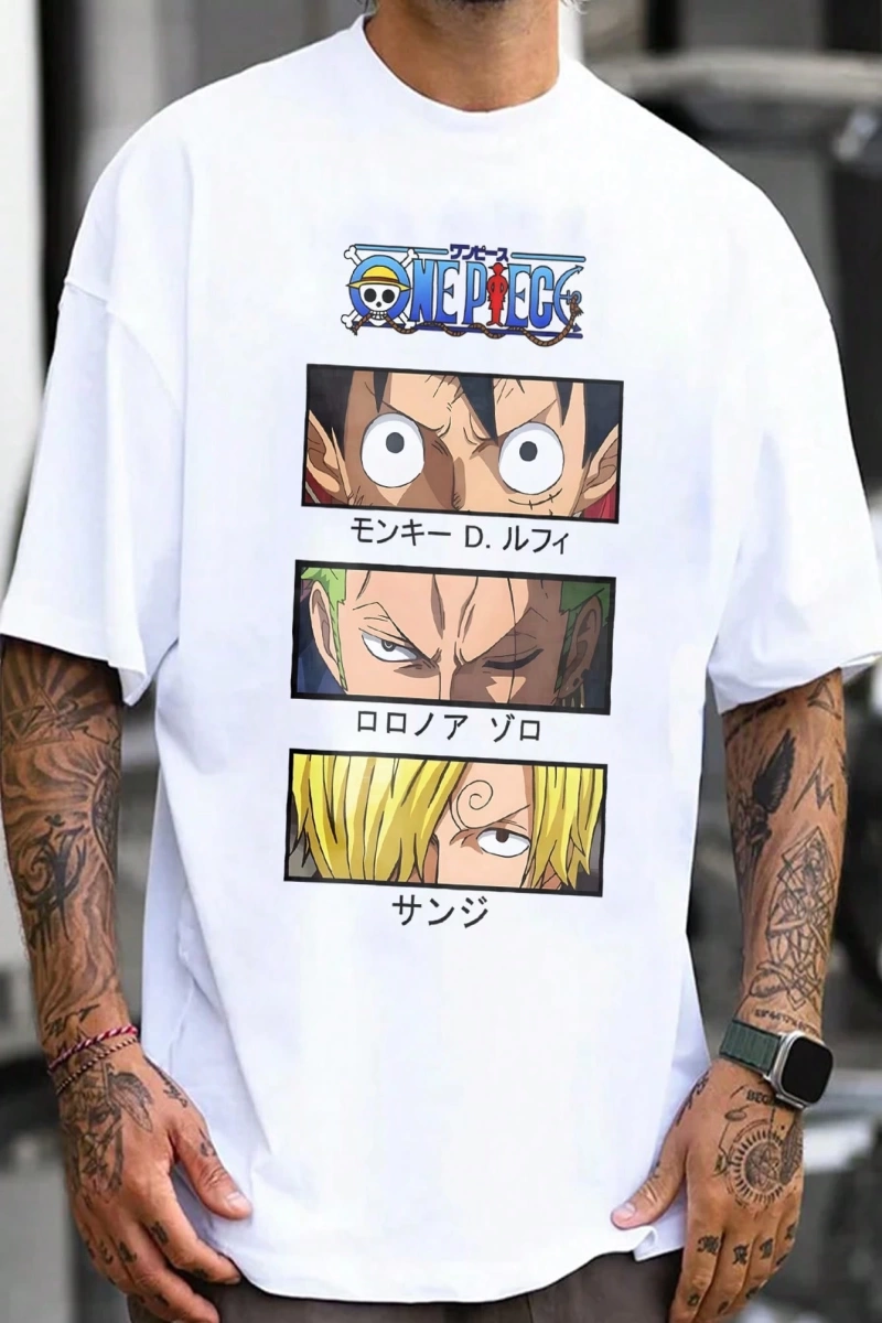 ONE PIECE ONE PIECE Karikatür Baskılı Kısa Kollu Tişört Erkekler İçin, Yazlık Günlük