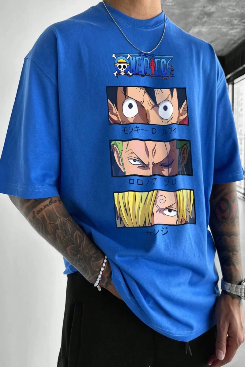 ONE PIECE ONE PIECE Karikatür Baskılı Kısa Kollu Tişört Erkekler İçin, Yazlık Günlük