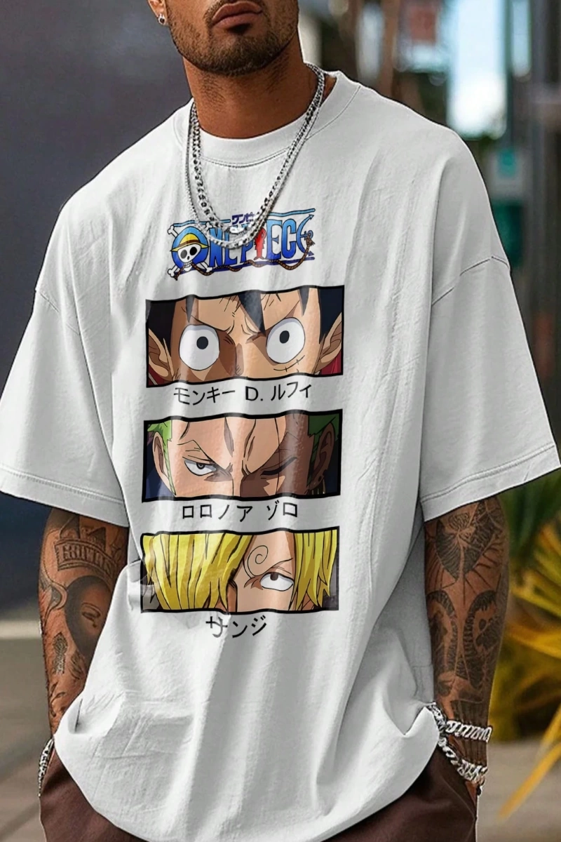 ONE PIECE ONE PIECE Karikatür Baskılı Kısa Kollu Tişört Erkekler İçin, Yazlık Günlük
