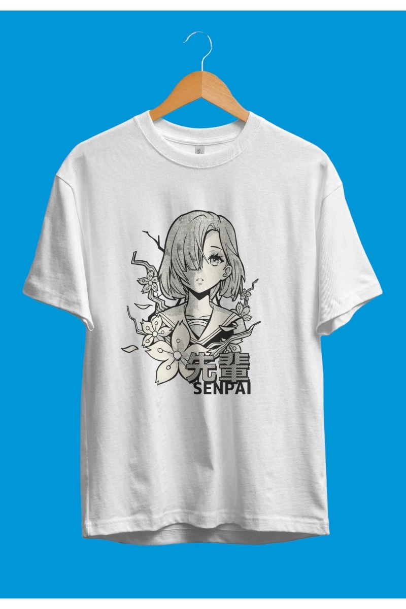Oversize Anime Manga Karakter Siyah Beyaz Tasarım Baskılı Unisex Tişört