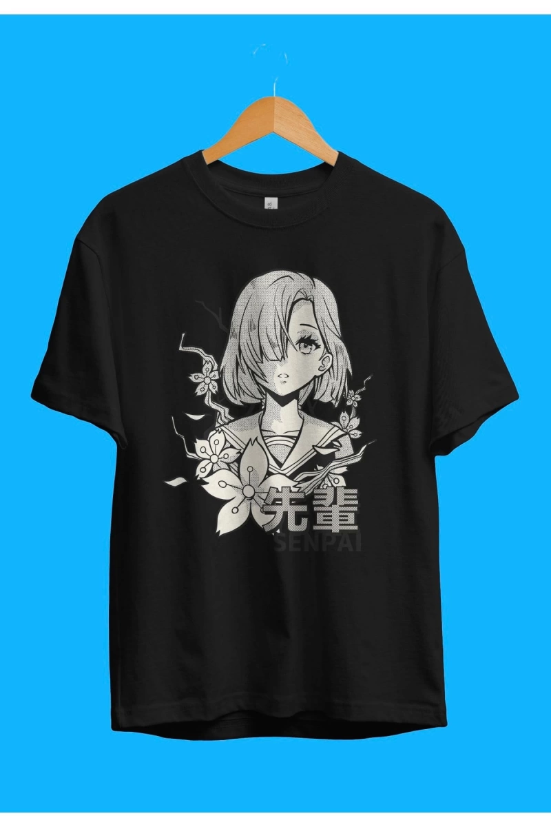 Oversize Anime Manga Karakter Siyah Beyaz Tasarım Baskılı Unisex Tişört
