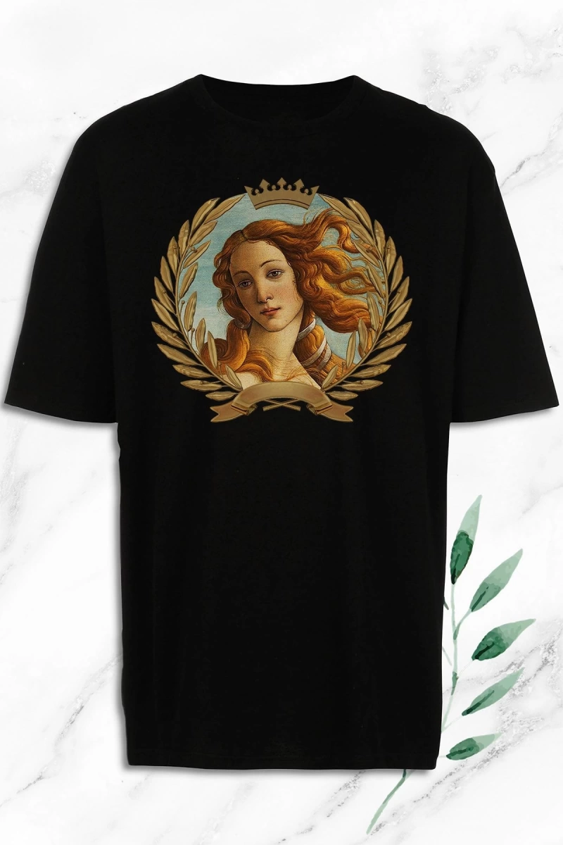 Oversize Mitoloji Güzellik Tanrıçası Venüs Heykel Baskılı Siyah   T-Shirt