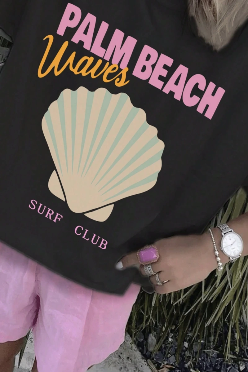 Palm Beach Waves Surf Club Grafik Tişört, Alfabe Baskılı Rahat Mürettebat Yaka Tişört, Normal