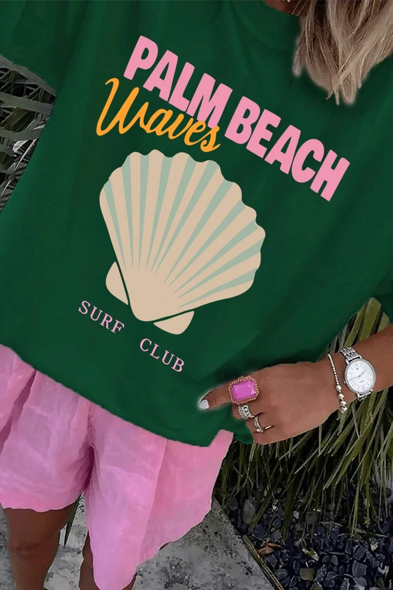 Palm Beach Waves Surf Club Grafik Tişört, Alfabe Baskılı Rahat Mürettebat Yaka Tişört, Normal