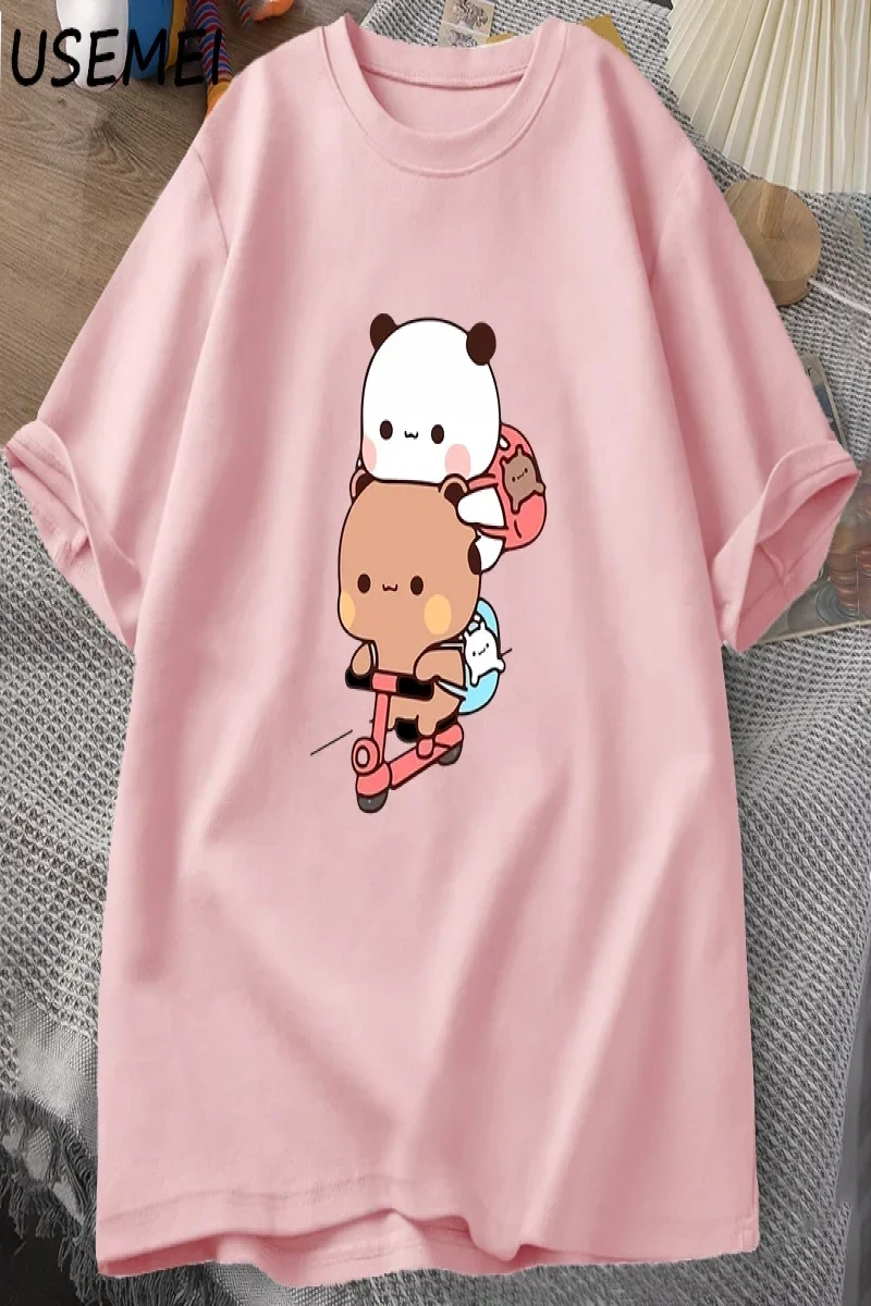 Panda ve Brownie ayı çift bisiklet sürme t-shirt boy komik karikatür T Shirt erkekler pamuk O 3040