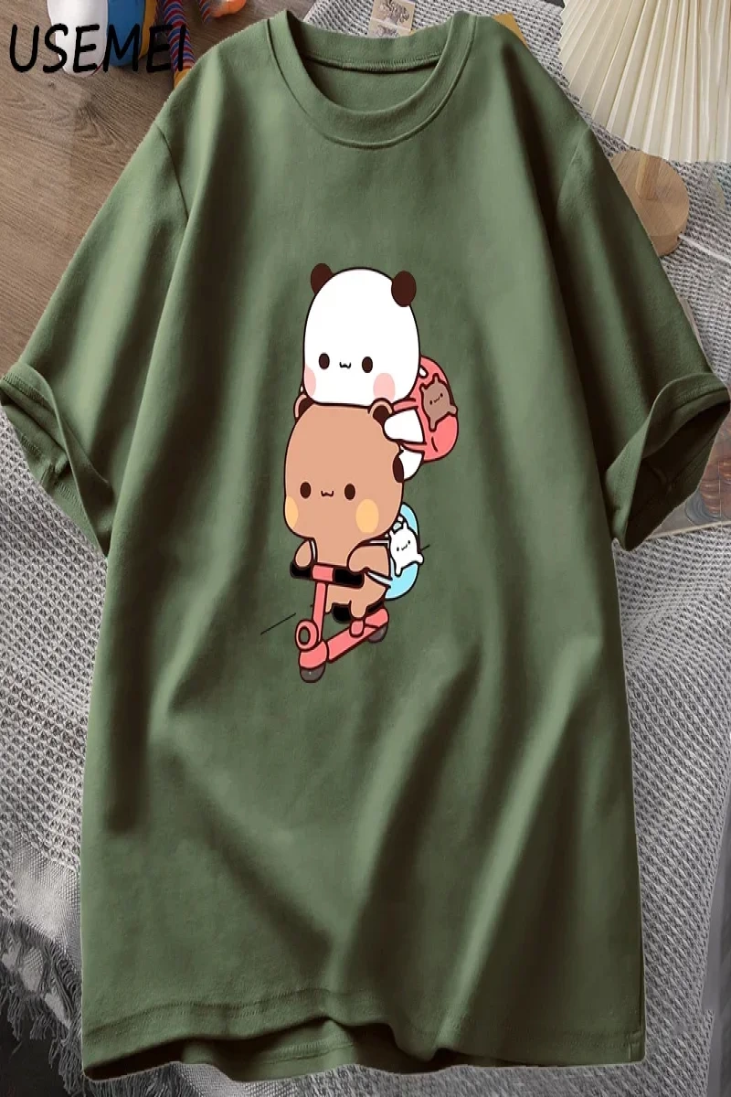 Panda ve Brownie ayı çift bisiklet sürme t-shirt boy komik karikatür T Shirt erkekler pamuk O 3040