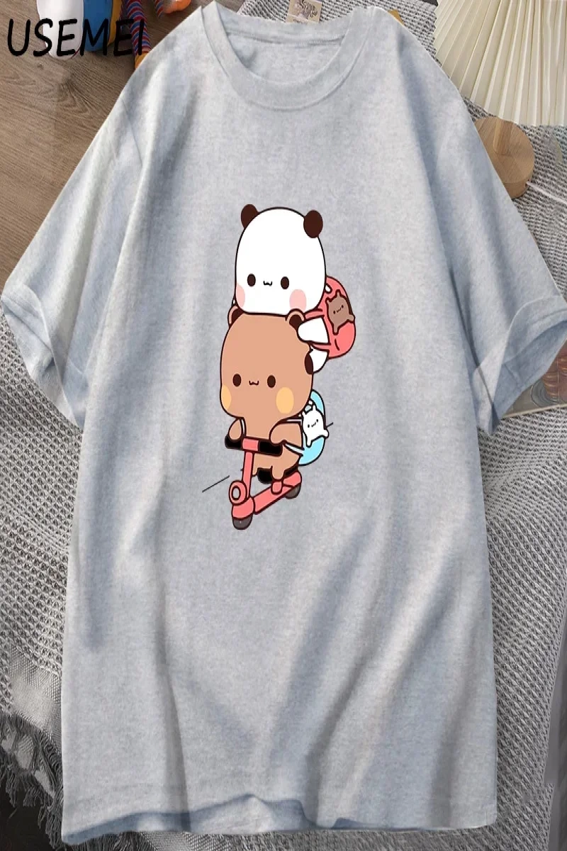 Panda ve Brownie ayı çift bisiklet sürme t-shirt boy komik karikatür T Shirt erkekler pamuk O 3040