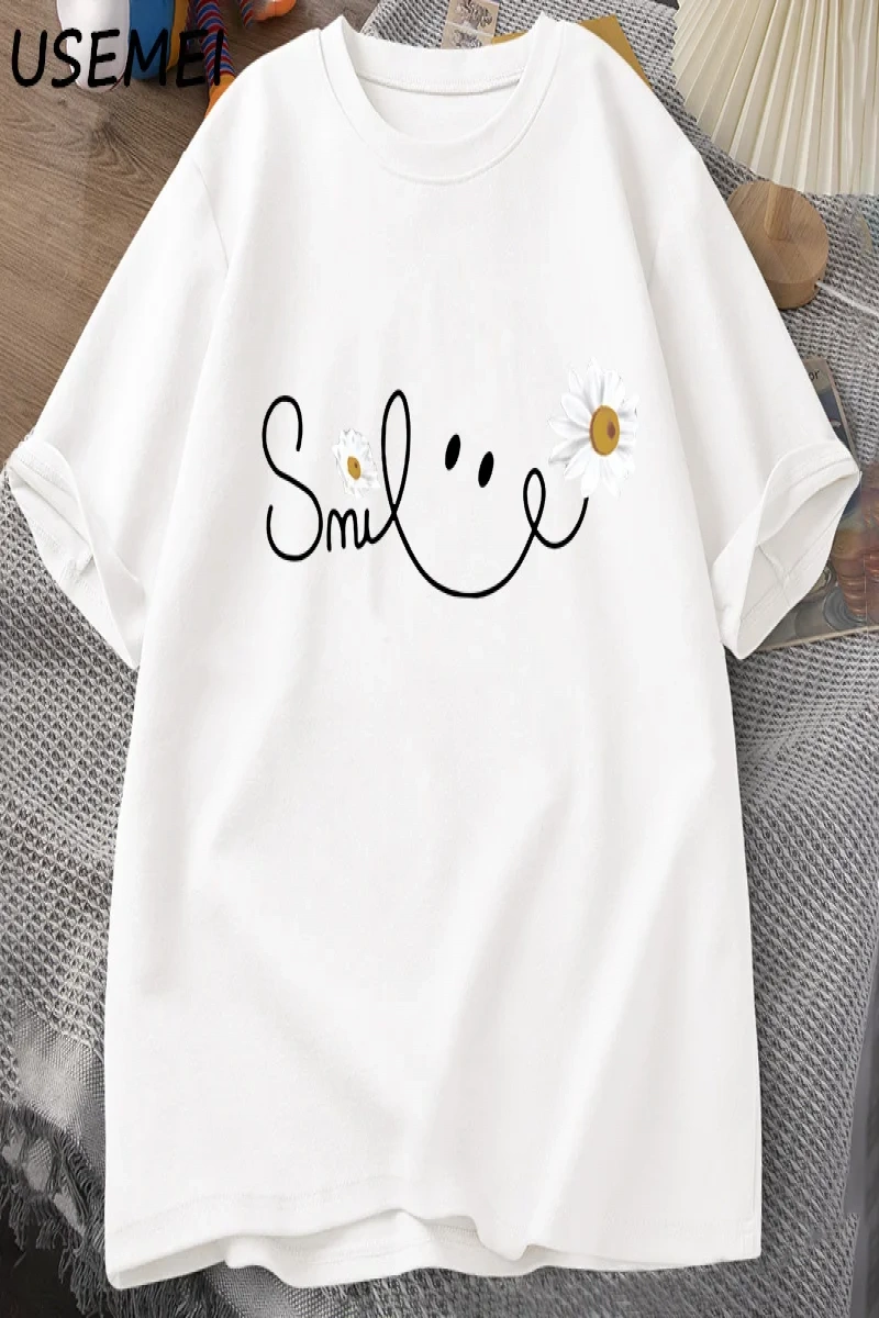 Papatya gülümseme yüz T Shirt yaz çiçek baskılı tişört kadın erkek pamuk kısa kollu Tshirt bo 3051