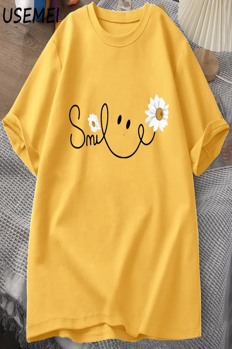Papatya gülümseme yüz T Shirt yaz çiçek baskılı tişört kadın erkek pamuk kısa kollu Tshirt bo 3051