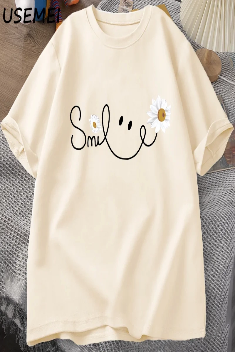 Papatya gülümseme yüz T Shirt yaz çiçek baskılı tişört kadın erkek pamuk kısa kollu Tshirt bo 3051