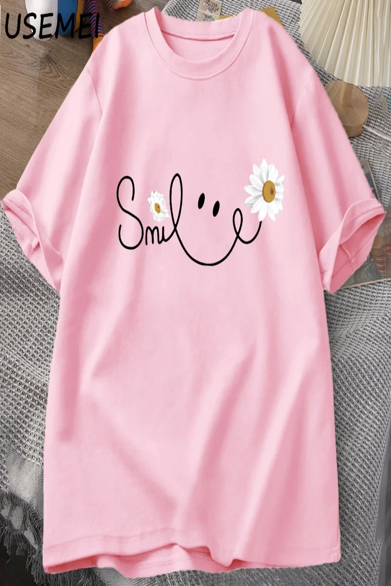 Papatya gülümseme yüz T Shirt yaz çiçek baskılı tişört kadın erkek pamuk kısa kollu Tshirt bo 3051