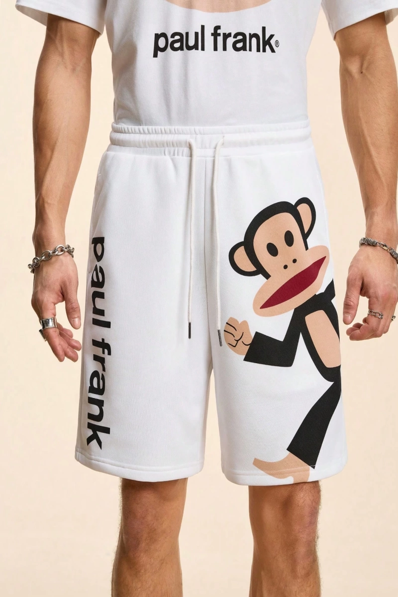 Paul Frank X SHEIN Erkek Yazlık Rahat Harf ve Maymun Baskılı Bağcıklı Bel Şortu
