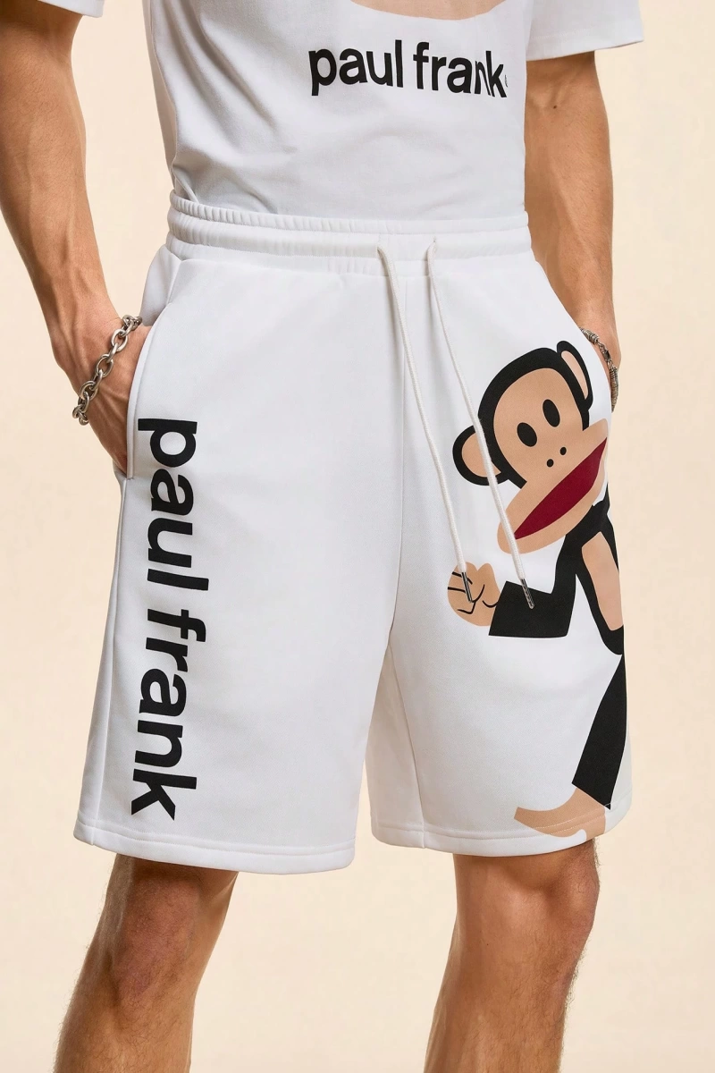 Paul Frank X SHEIN Erkek Yazlık Rahat Harf ve Maymun Baskılı Bağcıklı Bel Şortu