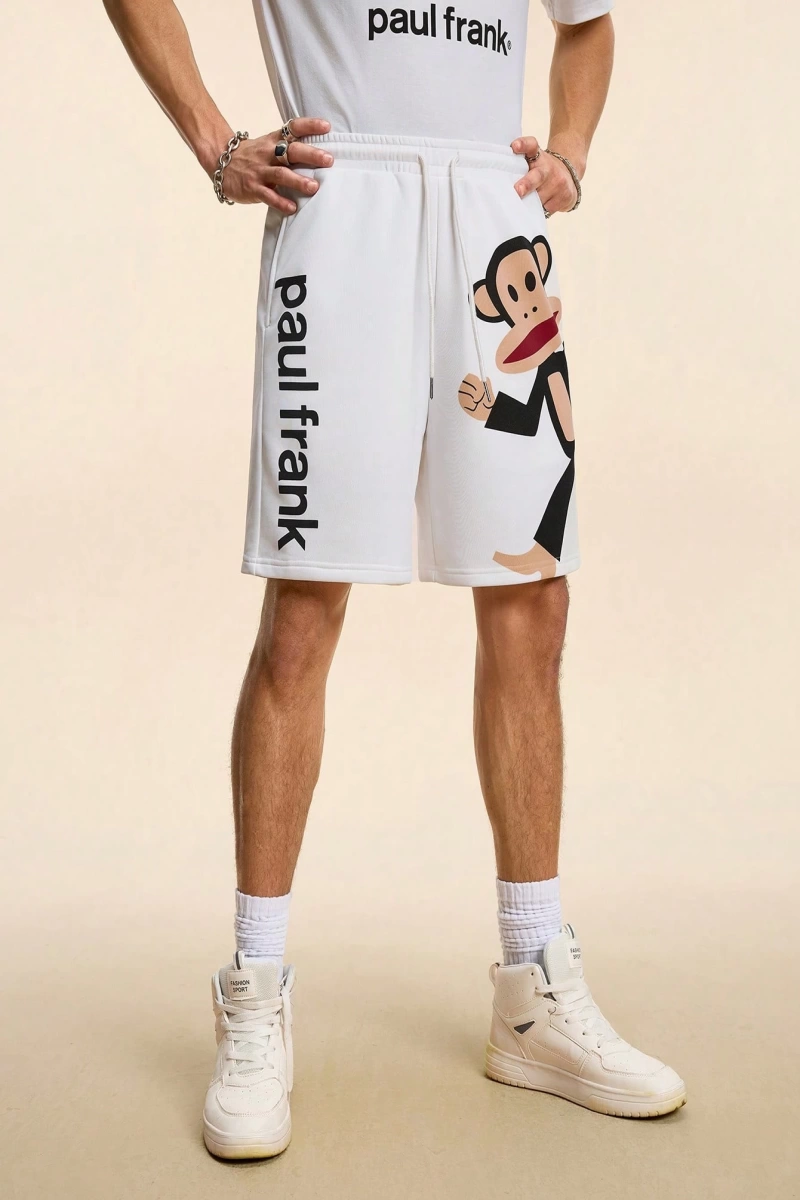 Paul Frank X SHEIN Erkek Yazlık Rahat Harf ve Maymun Baskılı Bağcıklı Bel Şortu