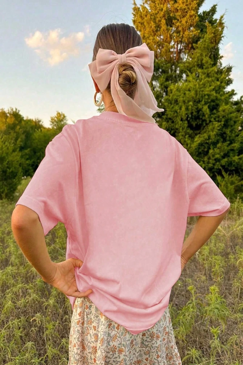 Pembe Kiraz Baskılı Yazlık Kadın Büyük Boy Kısa Kollu Üst, Günlük Kadın Giyim, Yazlık Tişörtl