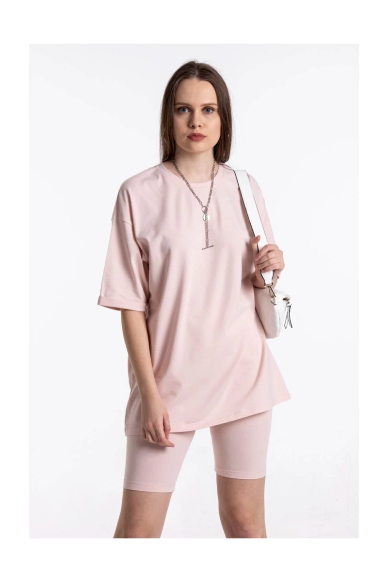 Pembe Renkli, Düz, Kısa Kollu Boyfriend Örme T-shirt