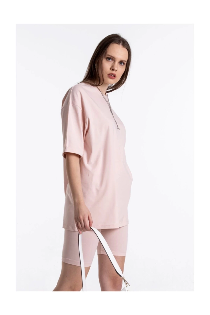 Pembe Renkli, Düz, Kısa Kollu Boyfriend Örme T-shirt