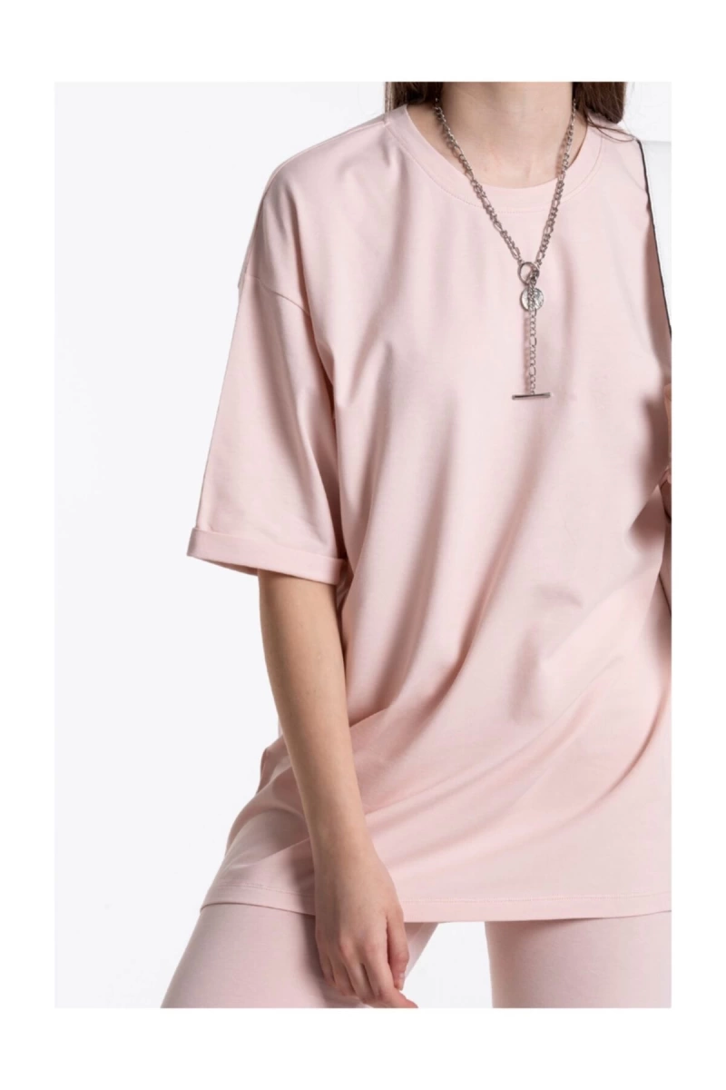 Pembe Renkli, Düz, Kısa Kollu Boyfriend Örme T-shirt