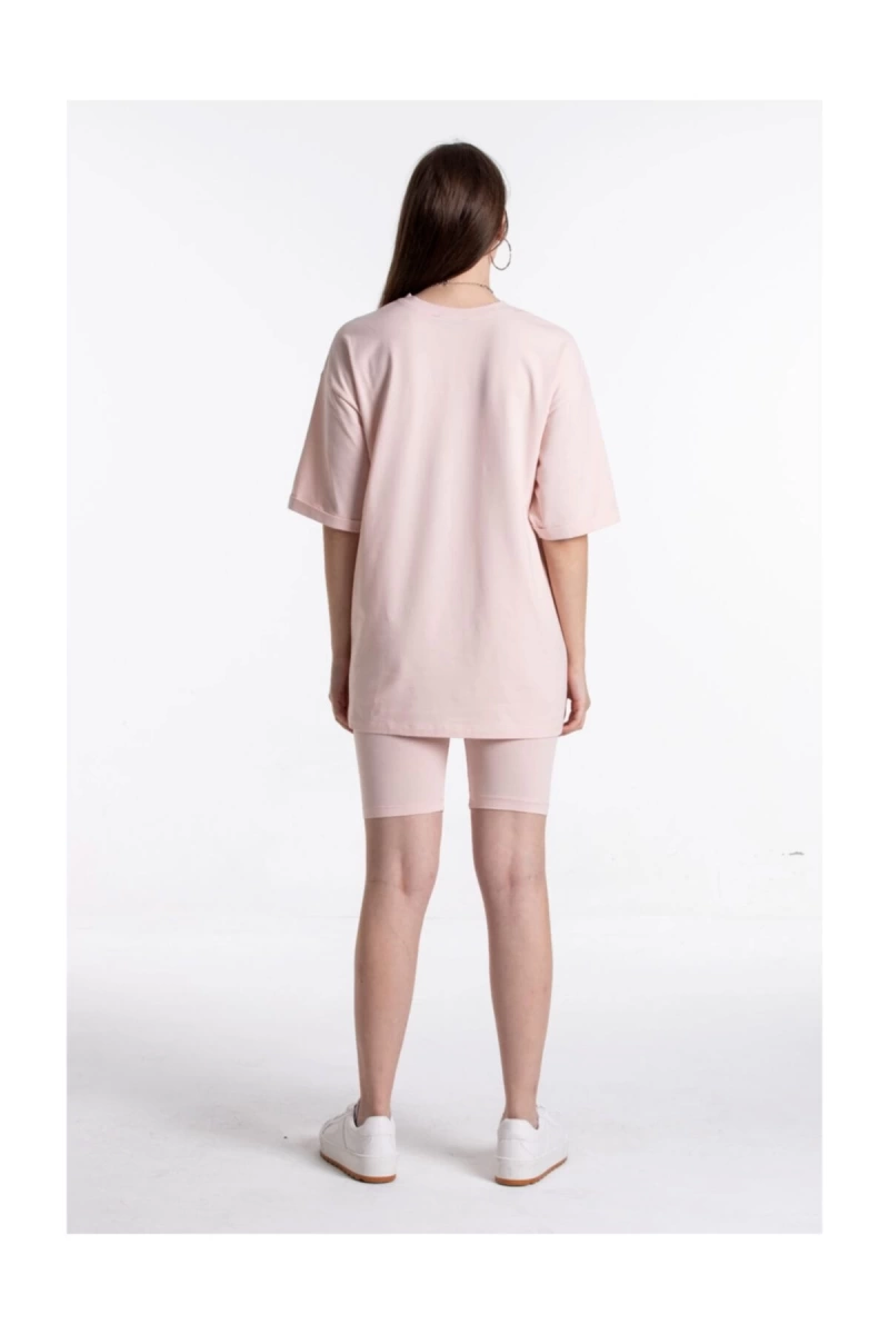 Pembe Renkli, Düz, Kısa Kollu Boyfriend Örme T-shirt